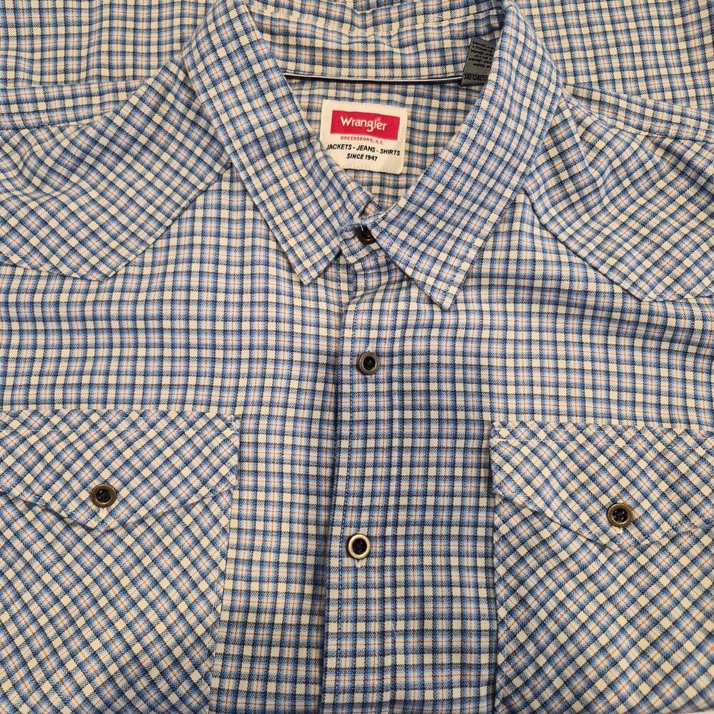 Wrangler Plaid Button Up Shirt Mens 2XL Blue Western Long Sleeve Cotton Blend